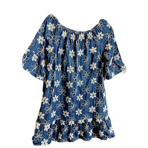 eci NY Embroider Denim Blue Jean Mini Dress Size 10 Round Neck Ruffled Cute